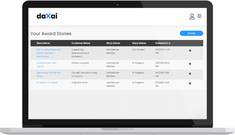 Laptop showing user's Awards stories on daXai